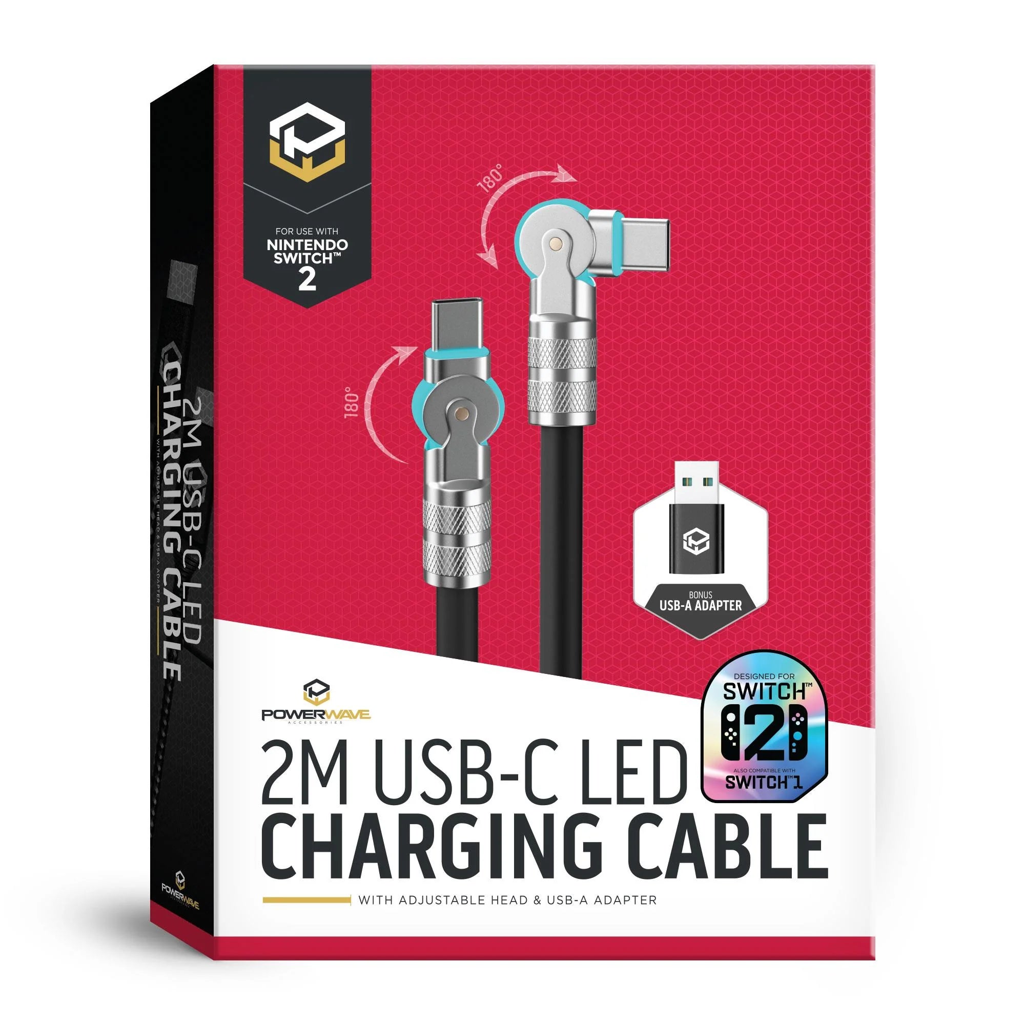 Powerwave 2M USB-C LED Charging Cable w/ Adjustable Head & USB-A Adapter for Nintendo Switch 2