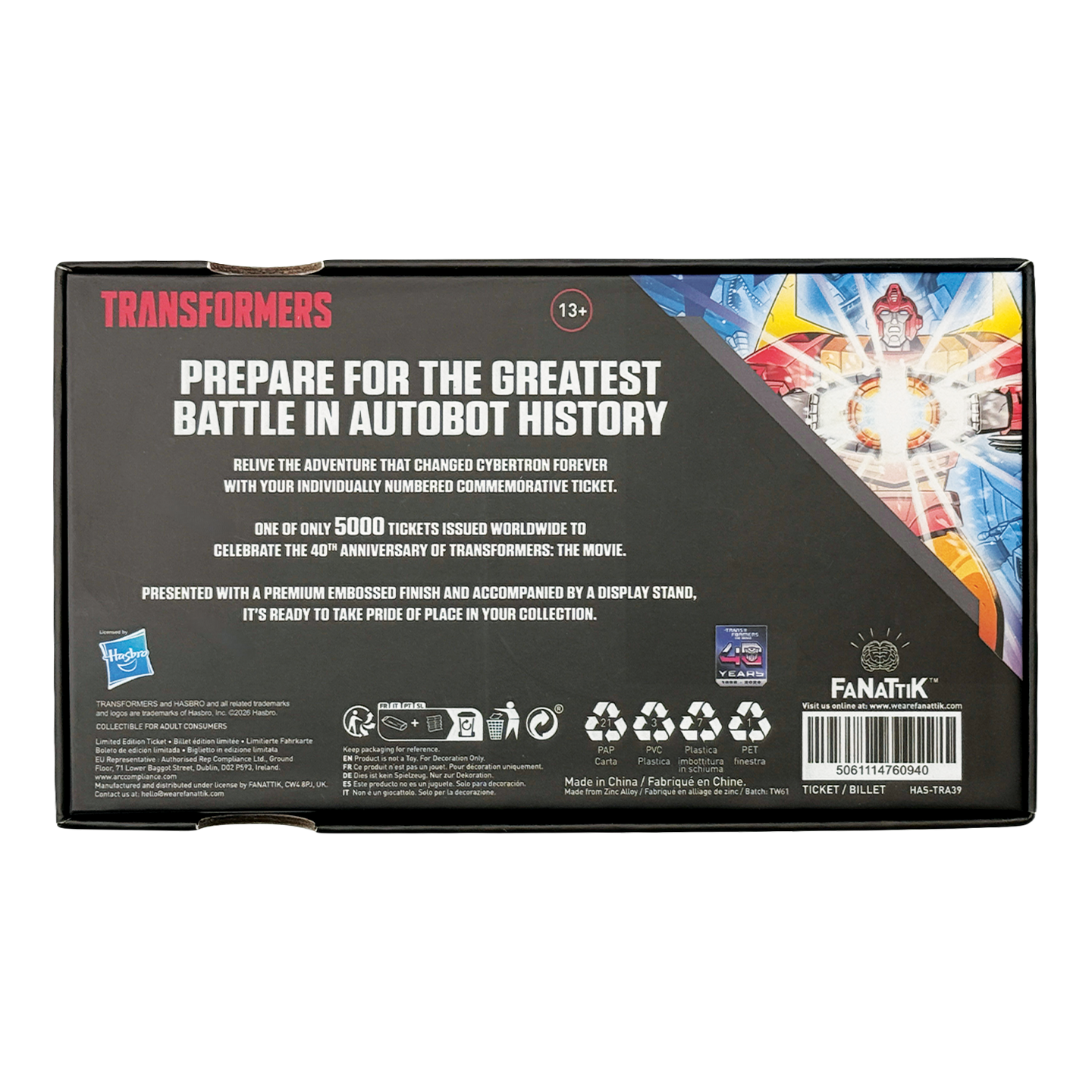Transformers: The Movie - 40th Anniversary Limited Edition Metal Replica Movie Ticket