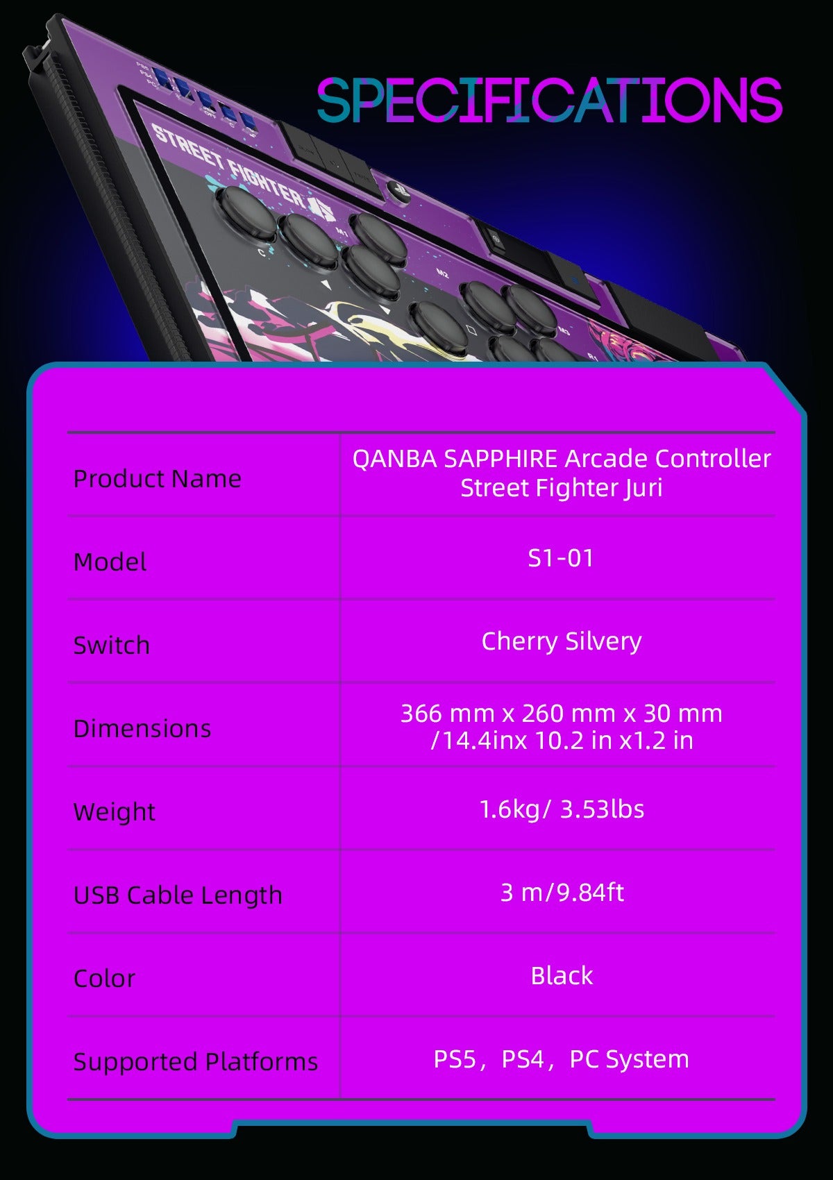 Qanba Sapphire Arcade Controller: Street Fighter Juri Han Edition - PS5/PS4/PC